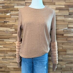 Doe & Rae | Ribbed Knit Top| Faux Fur Sleeve | Mocha | 3 Sizes